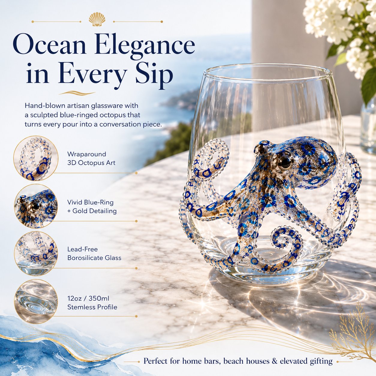 🌊Artisanal Blue Ringed Octopus Glassware