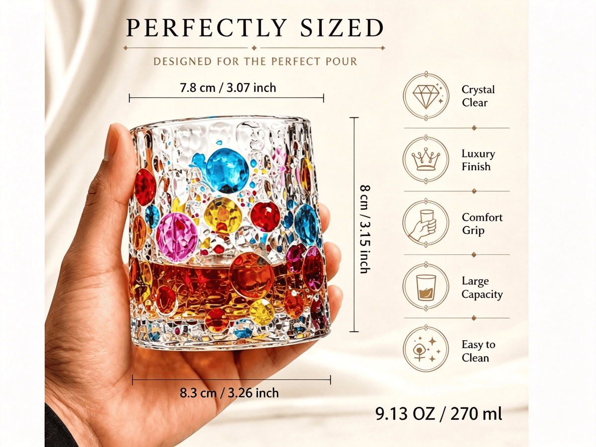 Spinning Whiskey Glasses, Vintage Colored Crystal Whiskey Glass, Hand-Painted Old Fashioned Tumbler for Bourbon, Scotch, Cocktails, Decorative Drinking Glass for Home Bar