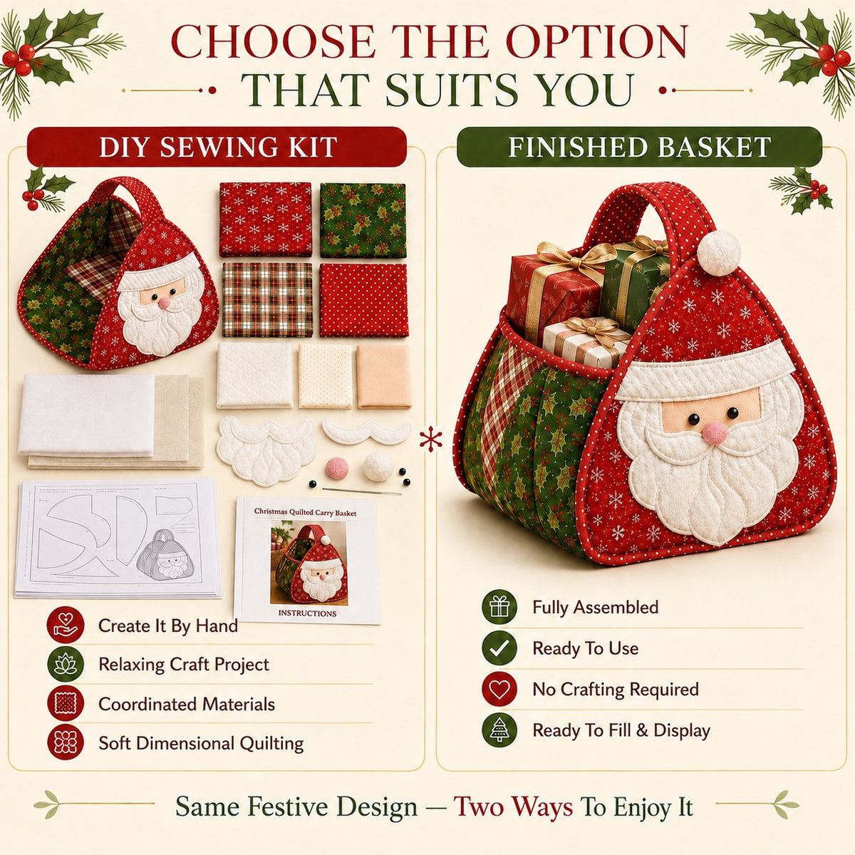 🎄 Christmas Quilted Carry Basket – DIY Sewing Kit & Finished Basket 🎁