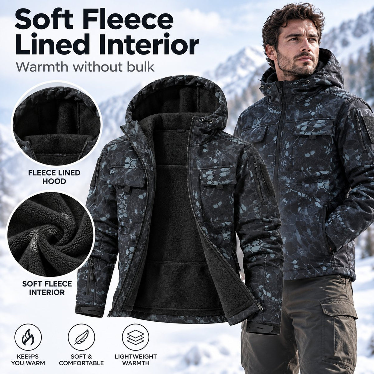 9 Pocket Tactical Hooded Jacket | Slim Fit Fleece Lined Outdoor Coat