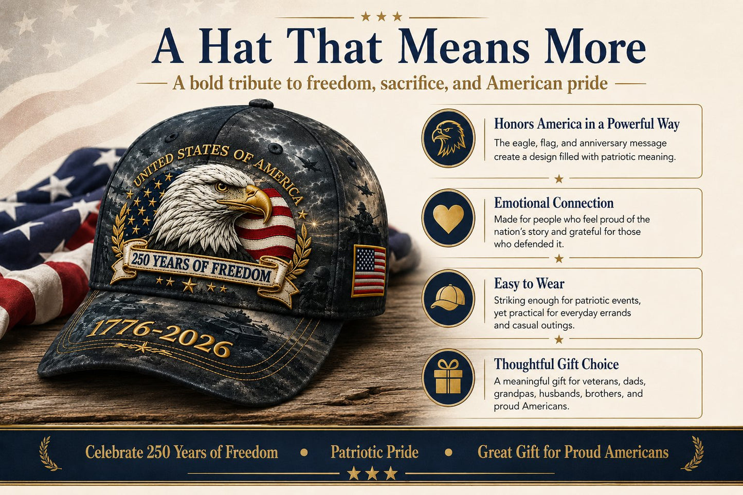 ✨250 Years of Freedom Eagle Cap | Patriotic Vintage Baseball Hat – 1776–2026 American Tribute Edition