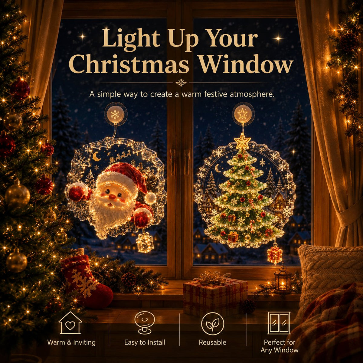 ⏳ Last Day 49% OFF – 🎄Lighted Christmas Window Decoration with Suction Cup | Warm LED Window Light with Double-Layer Design & Multiple Festive Styles ✨