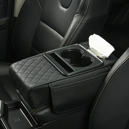 Black car armrest organizer installed
