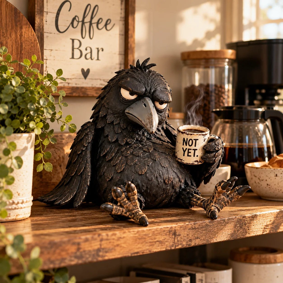 🐦‍⬛☕️Grumpy Coffee Raven Figurine – “Not Yet” Funny Morning Decor✨