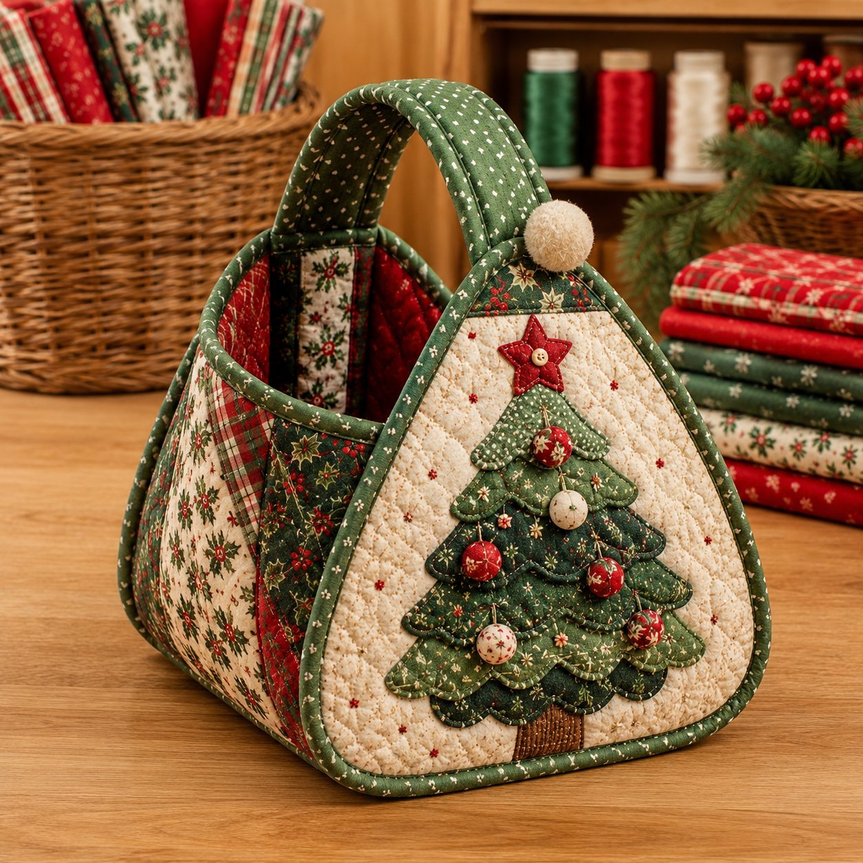 🎄 Christmas Quilted Carry Basket – DIY Sewing Kit & Finished Basket 🎁