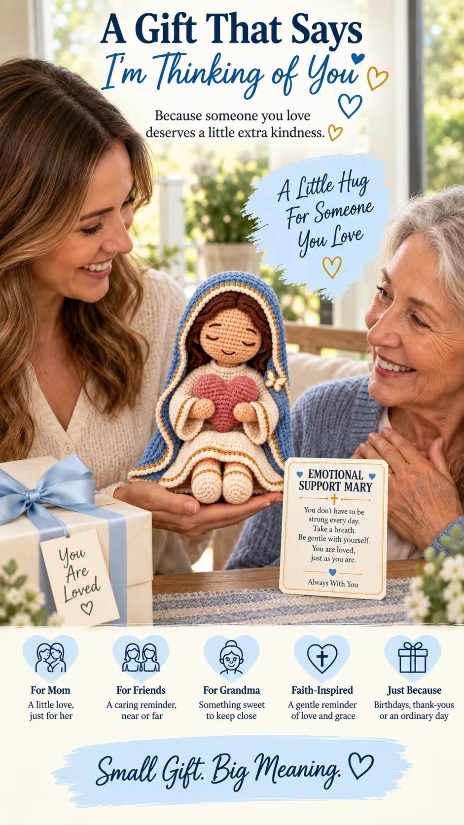 ⏳ Last Day 49% OFF –💙Always With You Mary Comfort Doll | Handmade Crochet Companion Holding A Heart with Encouragement Card ✨