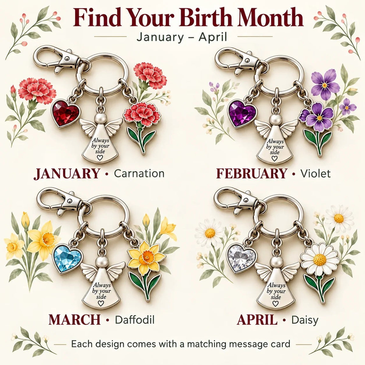 🔥Last Day Only＄13.99👼 Always By Your Side: Birth Month Angel & Flower Keychain + Keepsake Card 🌸