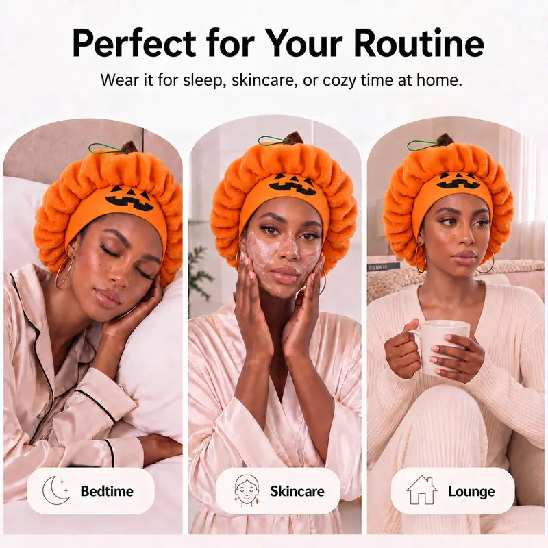 🎃 Pumpkin Sleep Bonnet – Fluffy Jack-O’-Lantern Hair Cap for Cozy Nights, Skincare & Halloween Fun