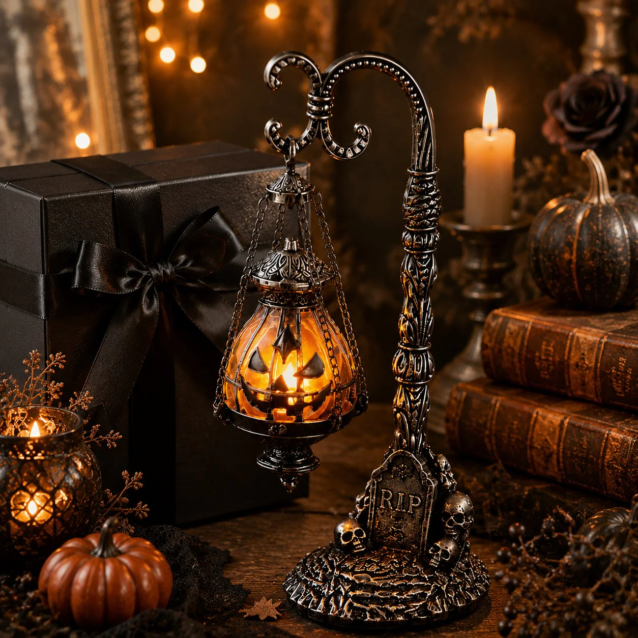 🔥Halloween Early Bird Sale🎃 Gothic Pumpkin Lantern Stand | Warm Orange LED Glow, Victorian Skull Details & Haunted Shelf Decor 🕯️