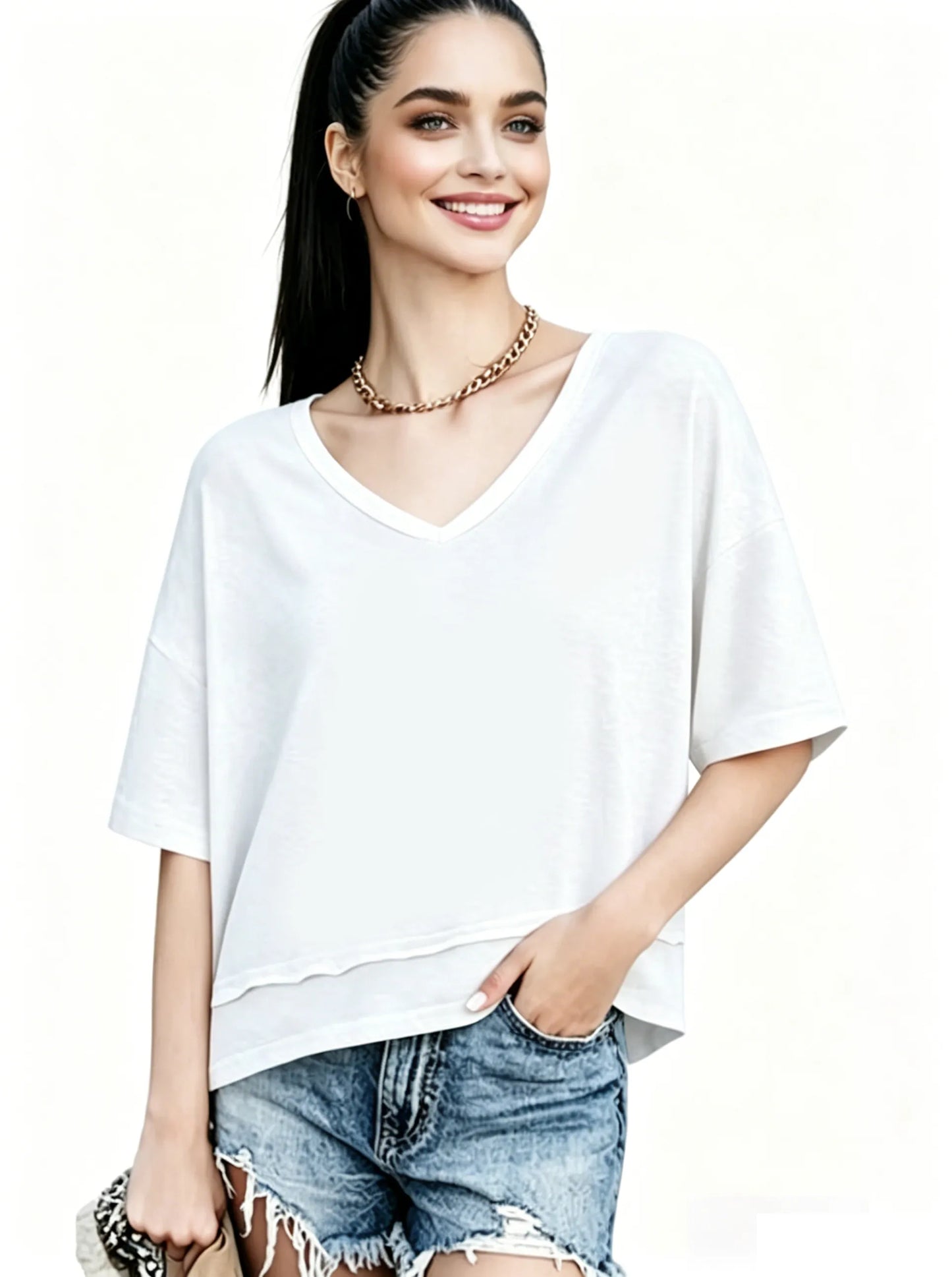 Women's V-neck Mid-length Sleeve Spliced Hem Basic Top