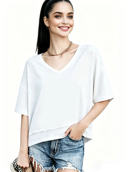 Women's V-neck Mid-length Sleeve Spliced Hem Basic Top