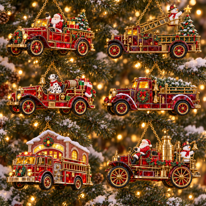 2026 Vintage Fire Truck Christmas Ornaments – Set of 6 | Stained-Glass Style with Festive Holiday Scenes & Golden Accents