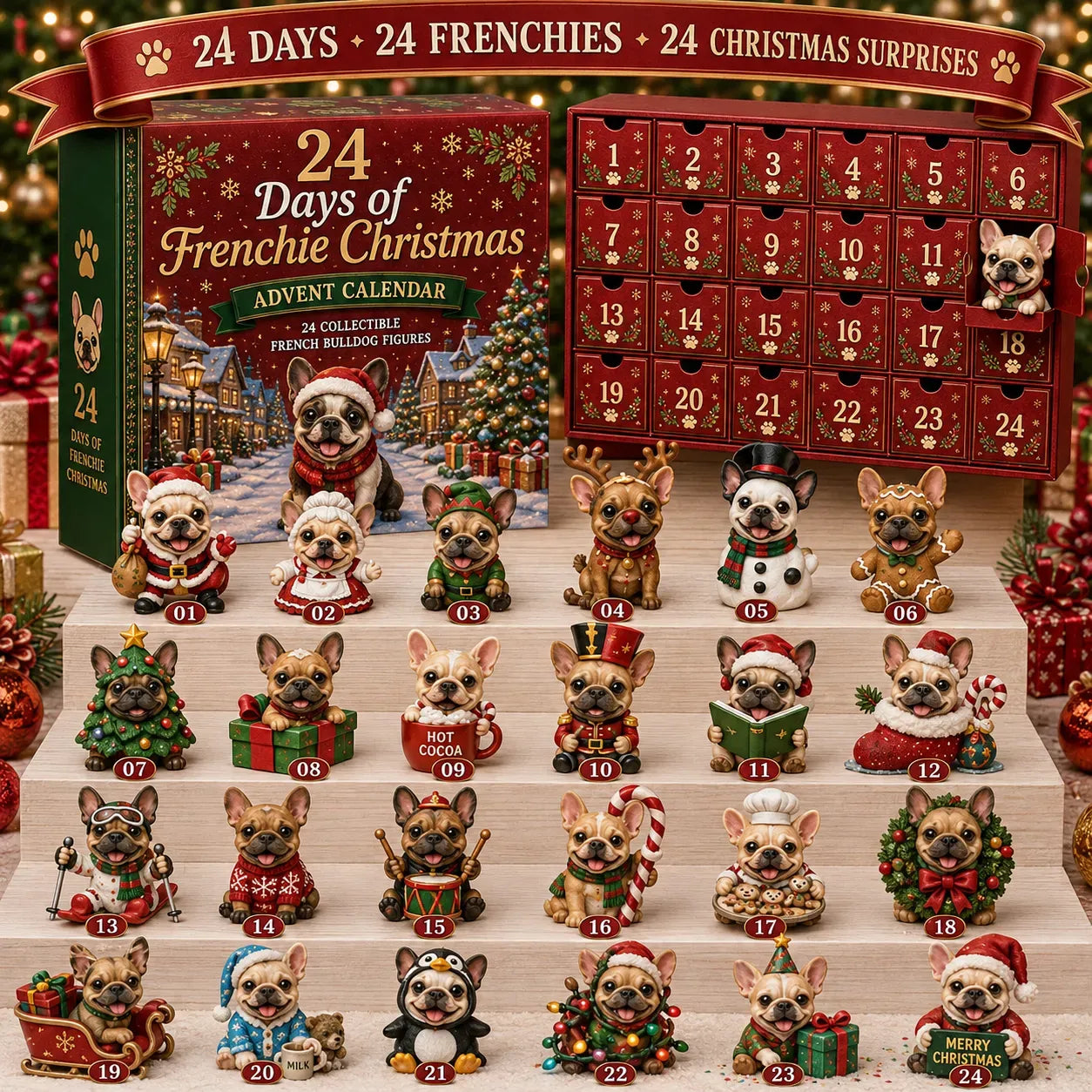 ⏳ Last Day 49% OFF – 🐶 24 Days of Frenchie Mischief Advent Calendar – Collectible French Bulldog Figurines 🎁