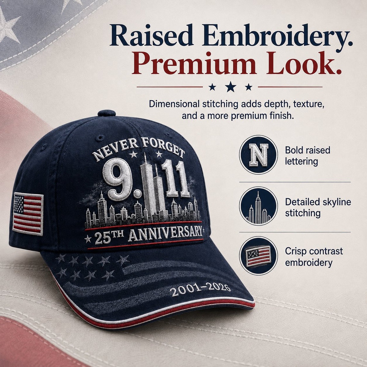 🔥🎁9/11 Never Forget 25th Anniversary Embroidered Cap – Unisex Patriotic Memorial Hat🧢