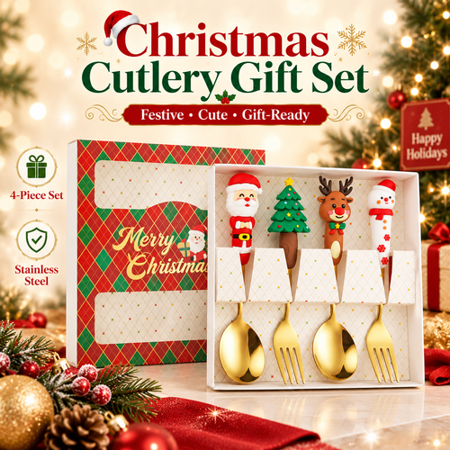 🎅 Christmas Character Cutlery Gift Set – 4-Piece Stainless Steel Flatware