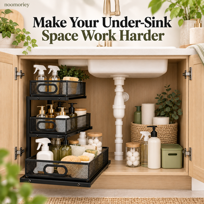 🧺 3-Tier Pull-Out Under-Sink Organizer – Metal Mesh Cabinet Storage