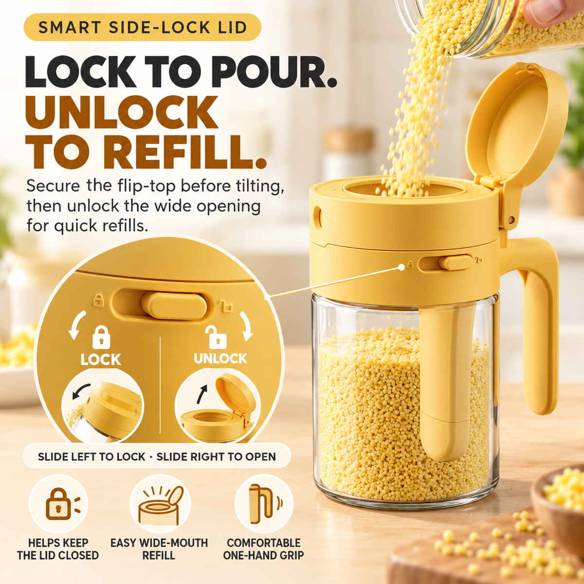 🥄 Scoop or Pour 2-in-1 Seasoning Jar – 300ml Glass Container with Built-In Spoon & 3-Mode Dispenser