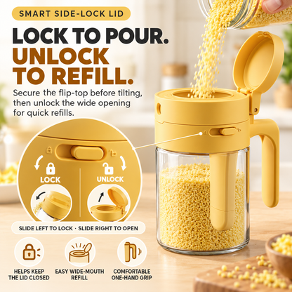 🥄 Scoop or Pour 2-in-1 Seasoning Jar – 300ml Glass Container with Built-In Spoon & 3-Mode Dispenser
