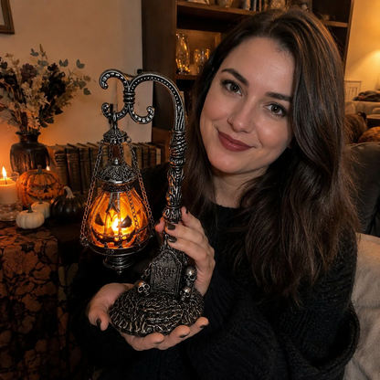 🔥Halloween Early Bird Sale🎃 Gothic Pumpkin Lantern Stand | Warm Orange LED Glow, Victorian Skull Details & Haunted Shelf Decor 🕯️