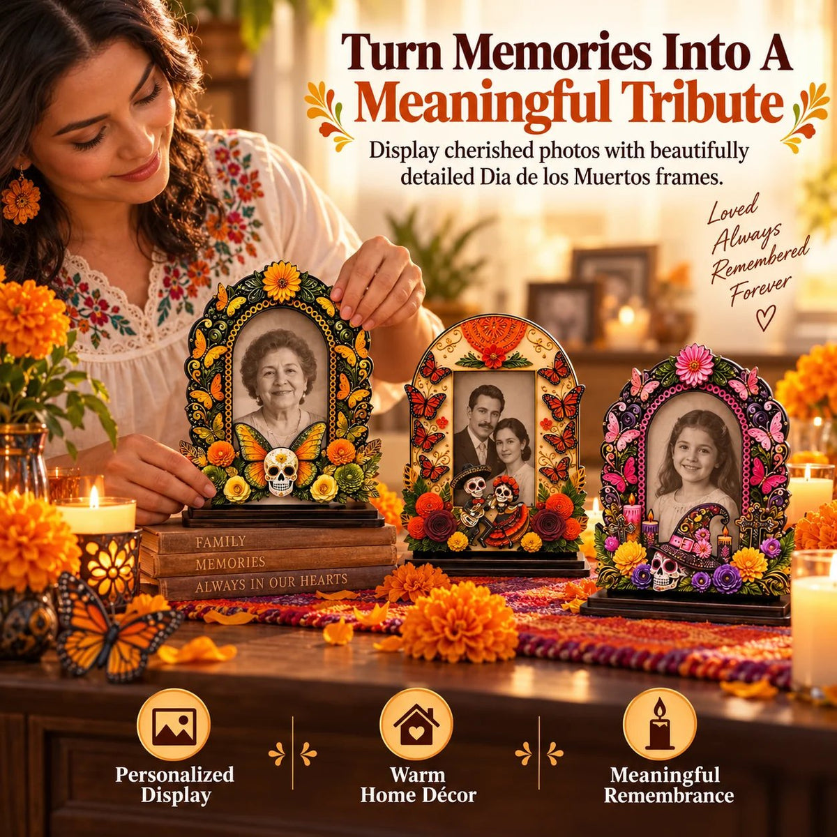 💀 DAY OF THE DEAD DECOR | 6 Wooden Memorial Photo Frames – Colorful Ofrenda Picture Frame Set with Floral Details