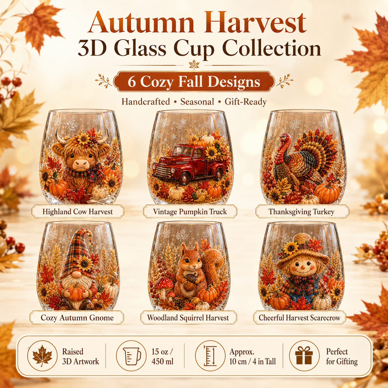 🍂Autumn Harvest 2D Glass Cup Gift Set – 6 Festive Designs