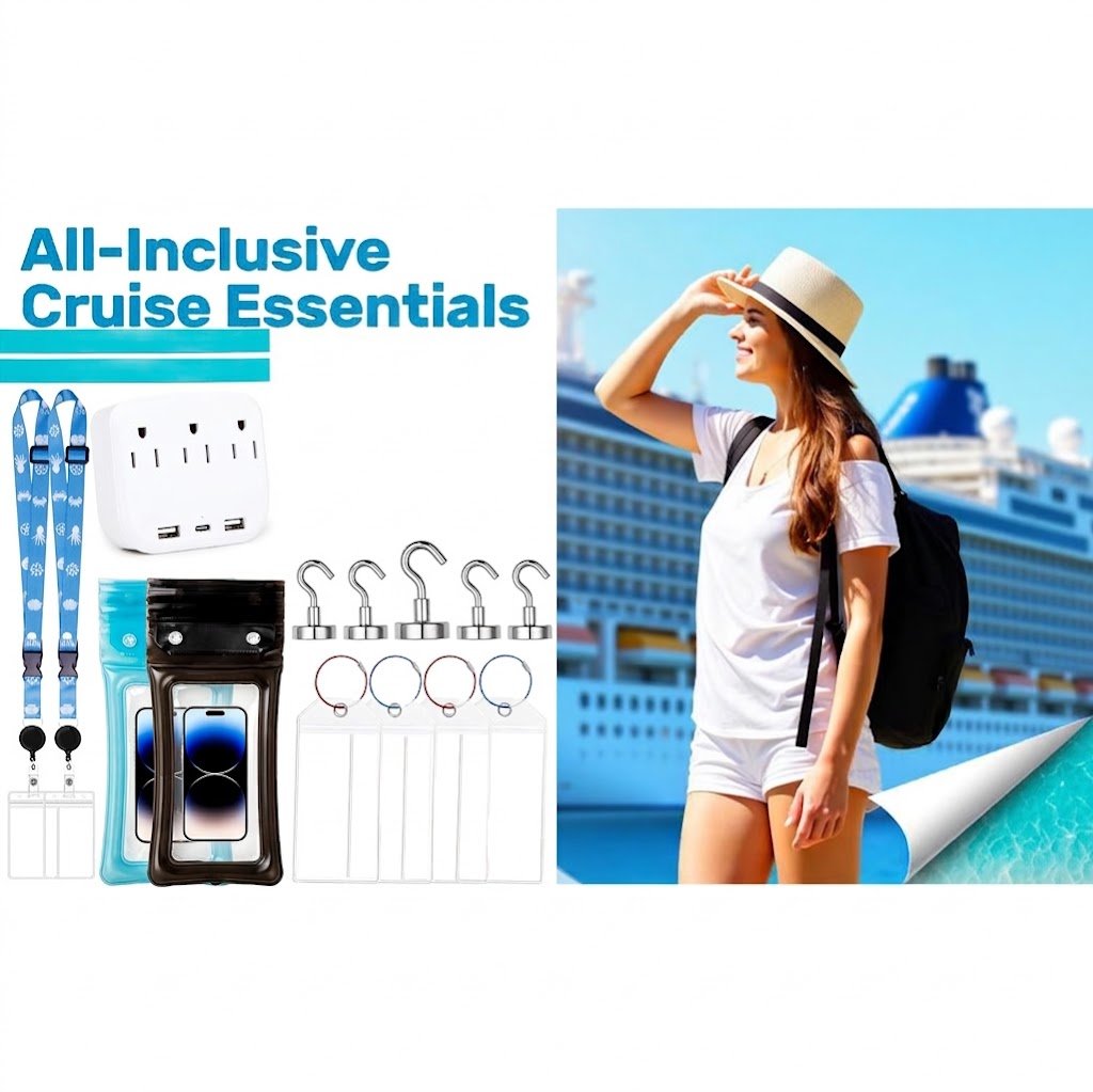 🚢Cruise Essentials 2026- Cruise Must Haves Kit with Non-Surge Protector Power Strip, Lanyard with ID Holder, Magnetic Hooks, Luggage Tag Set, Towel Bands, Waterproof Phone Holder