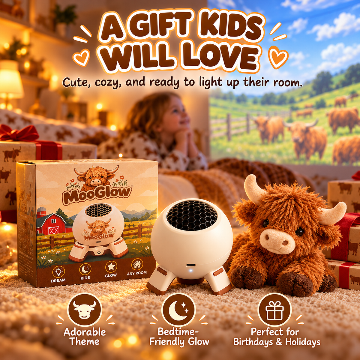 🐮 Highland Cow Dream Projector – Farm-Themed Bedroom Light for Kids, Cozy Bedtime Room Projector