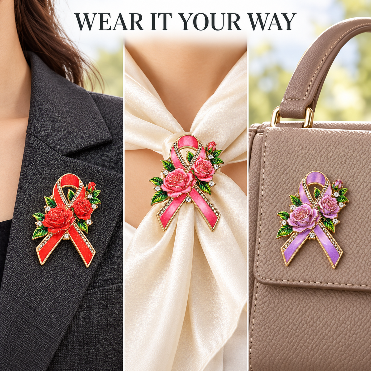 Hope Blooms™ Rose Ribbon Brooch – A Symbol of Strength, Love & Breast Cancer Awareness