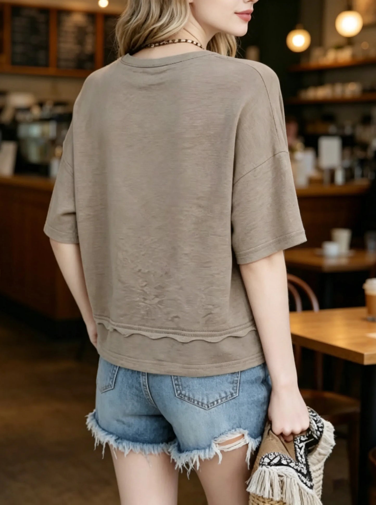Women's V-neck Mid-length Sleeve Spliced Hem Basic Top