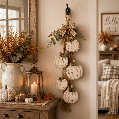 🔥BUY 2 SAVE 15% -🎃 Rustic White Pumpkin Hanging Swag – 5-Pumpkin Fall Door & Wall Decoration for Farmhouse Autumn Decor
