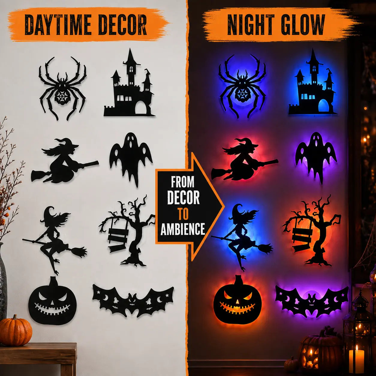 Halloween LED Wall Decor Lights, Peel & Stick Battery Powered Silhouette Stickers