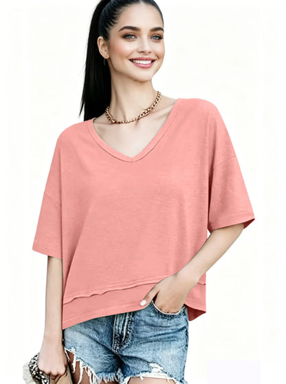 Women's V-neck Mid-length Sleeve Spliced Hem Basic Top