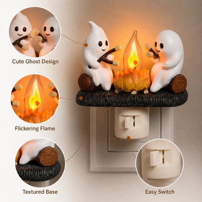 3D Flickering Campfire Plug-In Night Light, Halloween & Christmas Character LED Nightlight, Cute Indoor Holiday Decoration for Bedroom, Hallway and Gifts, Resin