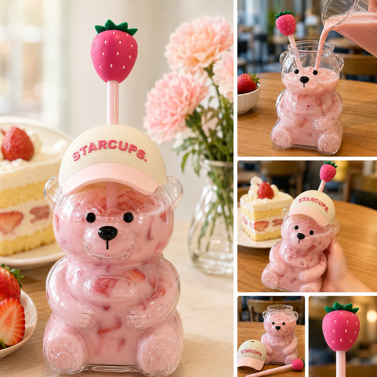 ✨ 20oz Aesthetic Bear Glass Tumbler with Strawberry Straw 🍓