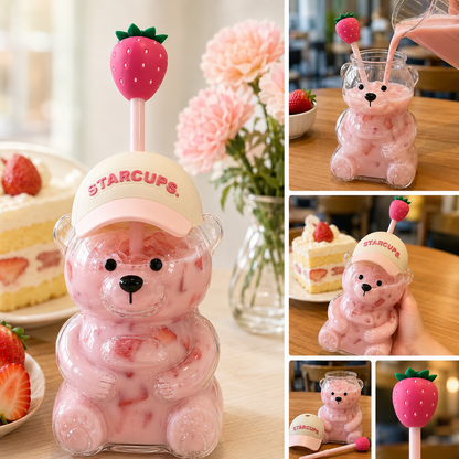 ✨ 20oz Aesthetic Bear Glass Tumbler with Strawberry Straw 🍓