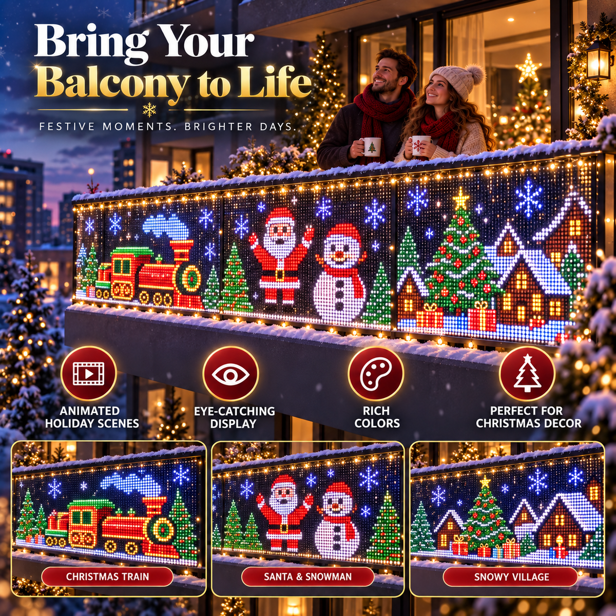 🎄 Smart RGB Pixel Curtain Lights – App-Controlled Animated Holiday Display for Balcony & Window Decor-3m*3m