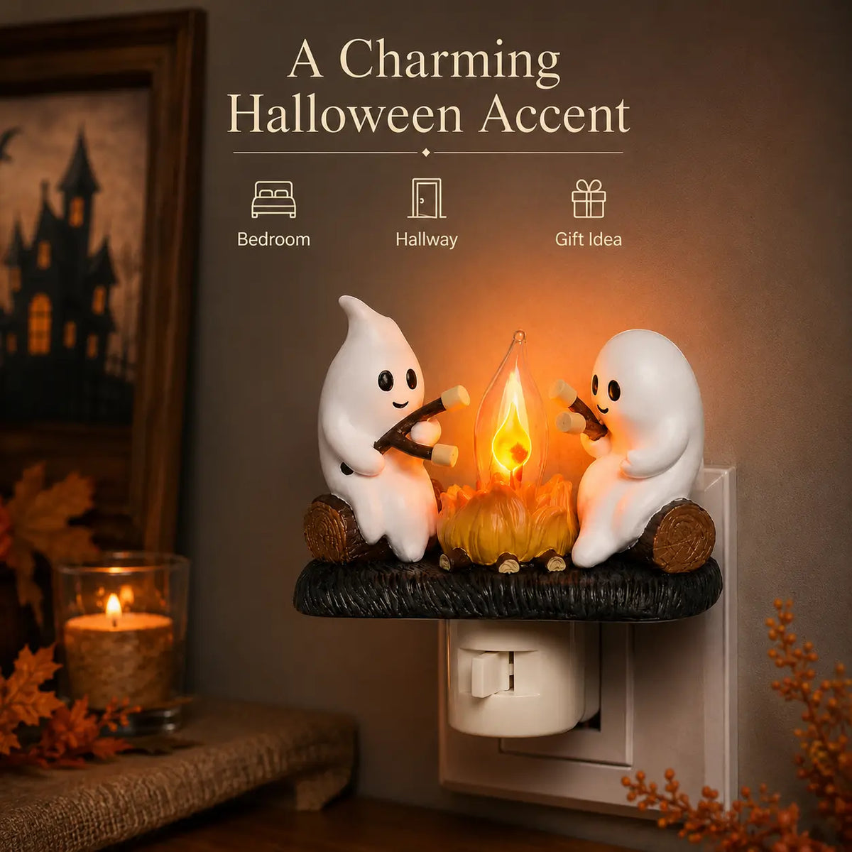 3D Flickering Campfire Plug-In Night Light, Halloween & Christmas Character LED Nightlight, Cute Indoor Holiday Decoration for Bedroom, Hallway and Gifts, Resin