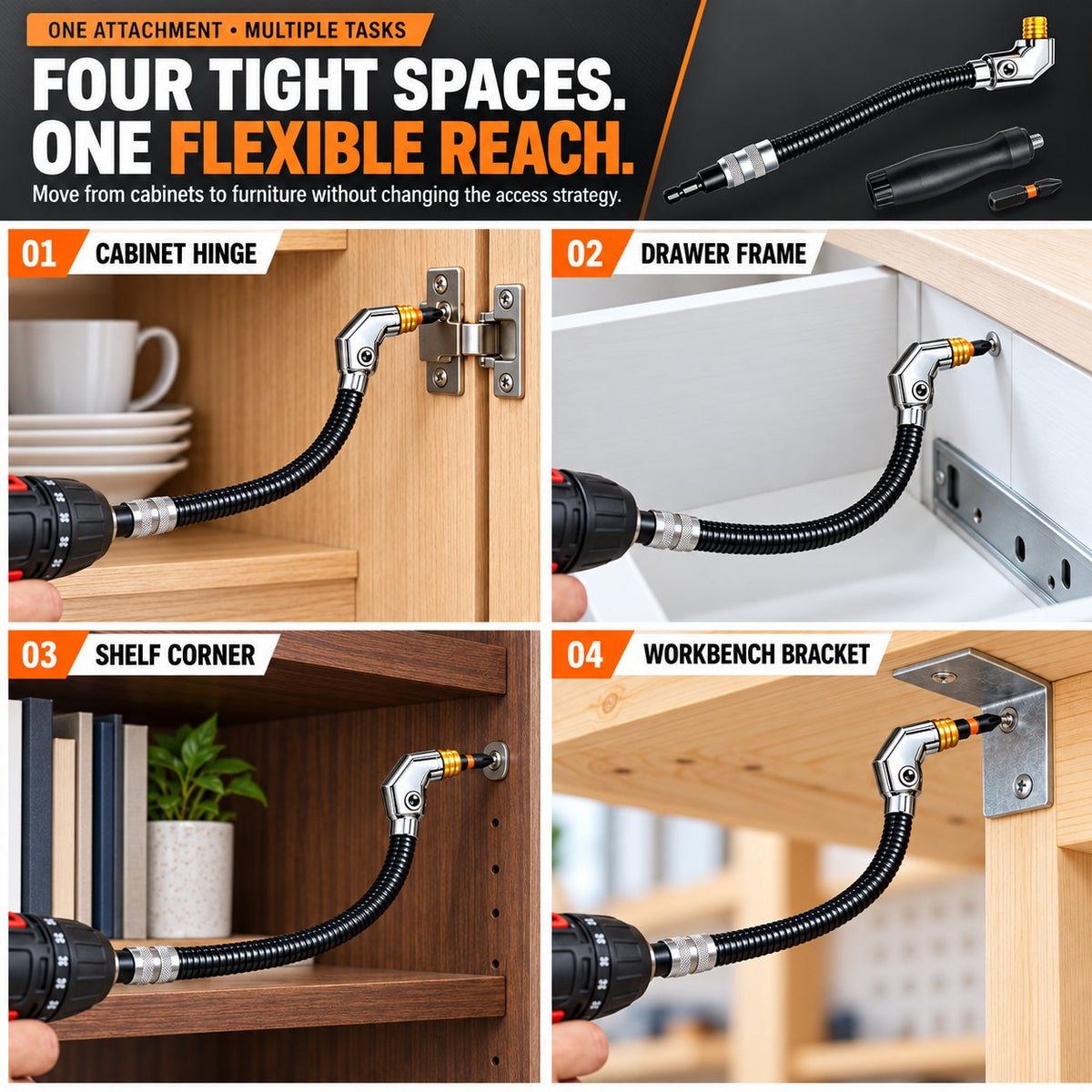 🔧 Flexible 90‑Degree Right‑Angle Drill Attachment with Long Flexible Shaft