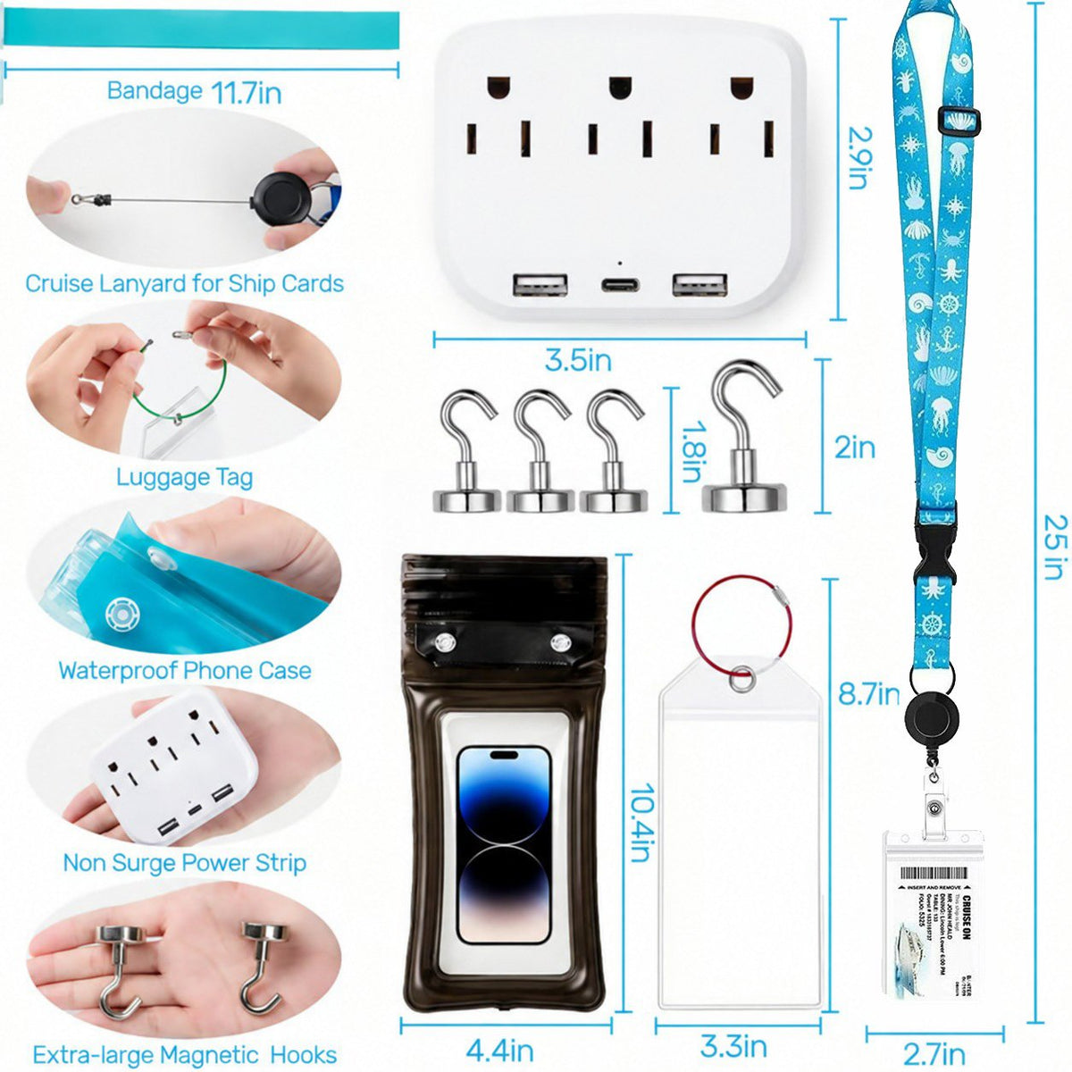 🚢Cruise Essentials 2026- Cruise Must Haves Kit with Non-Surge Protector Power Strip, Lanyard with ID Holder, Magnetic Hooks, Luggage Tag Set, Towel Bands, Waterproof Phone Holder