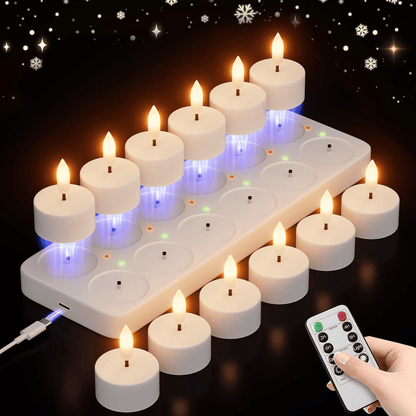 Rechargeable Flameless LED Tea Lights, Charging Station & Remote Included, Flickering Fake Candles, Safe No Flame Candle for Home, Wedding, Festival & Emergency Lighting