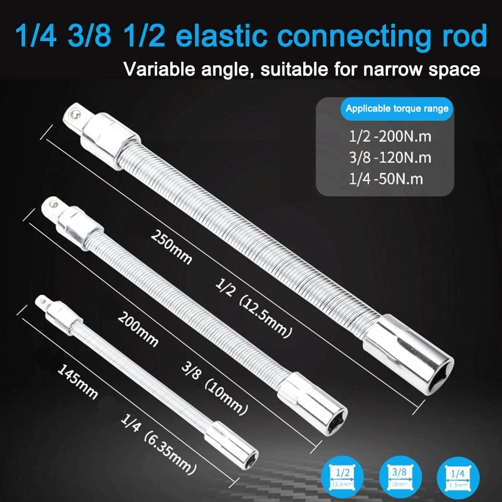 Spring Flex Shaft Extension Rod – 3-pack includes 1/4", 3/8" & 1/2" drives.