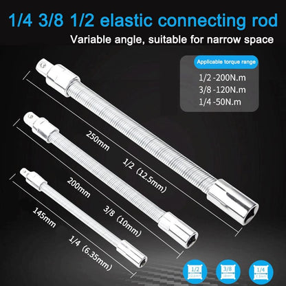 Spring Flex Shaft Extension Rod – 3-pack includes 1/4", 3/8" & 1/2" drives.