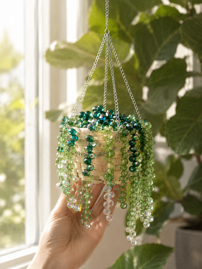 Hand holding a ready-to-hang classic green beaded plant beside a sunny window.