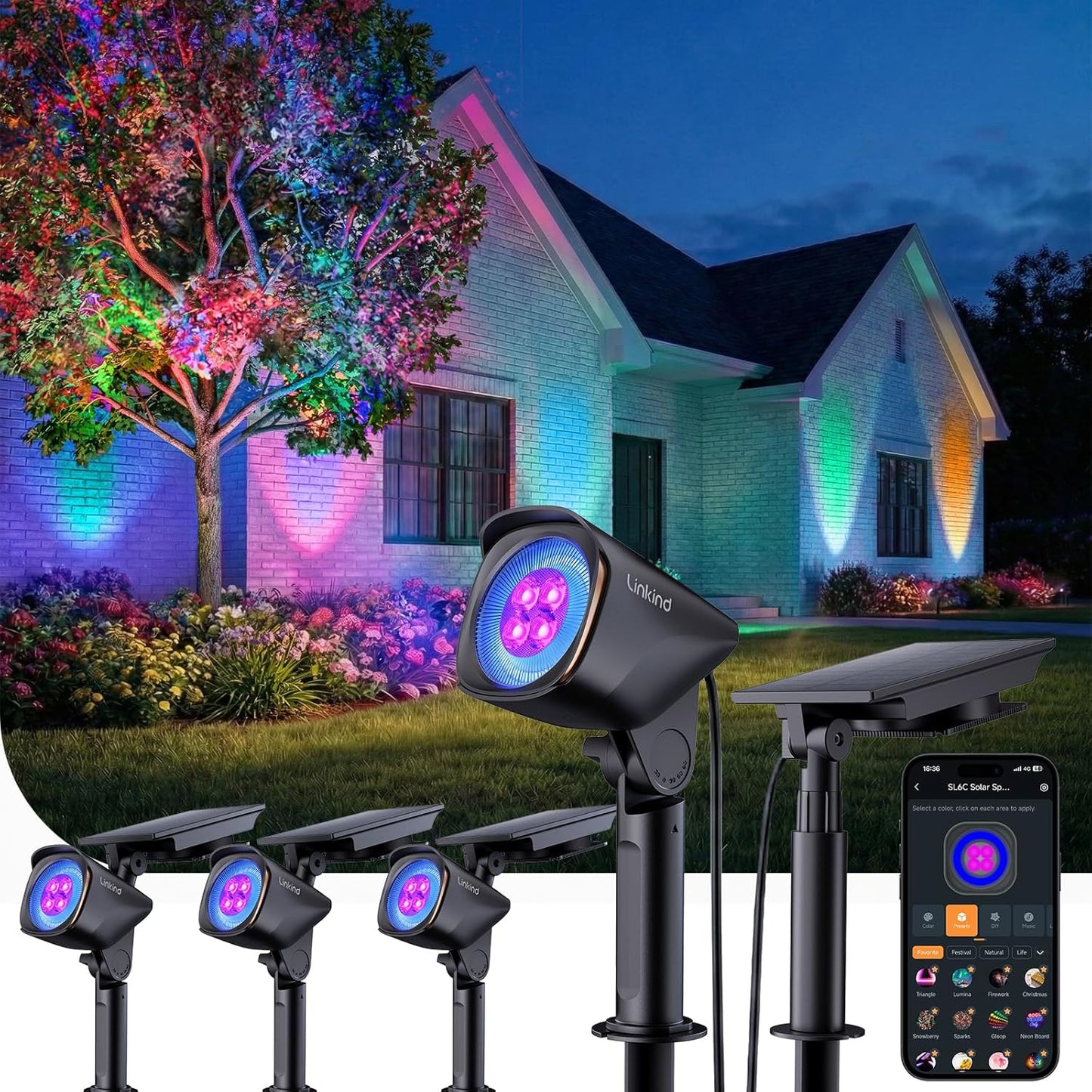 Linkind SL5C Smart Solar Spotlight - RGB & Tunable White Landscape Light