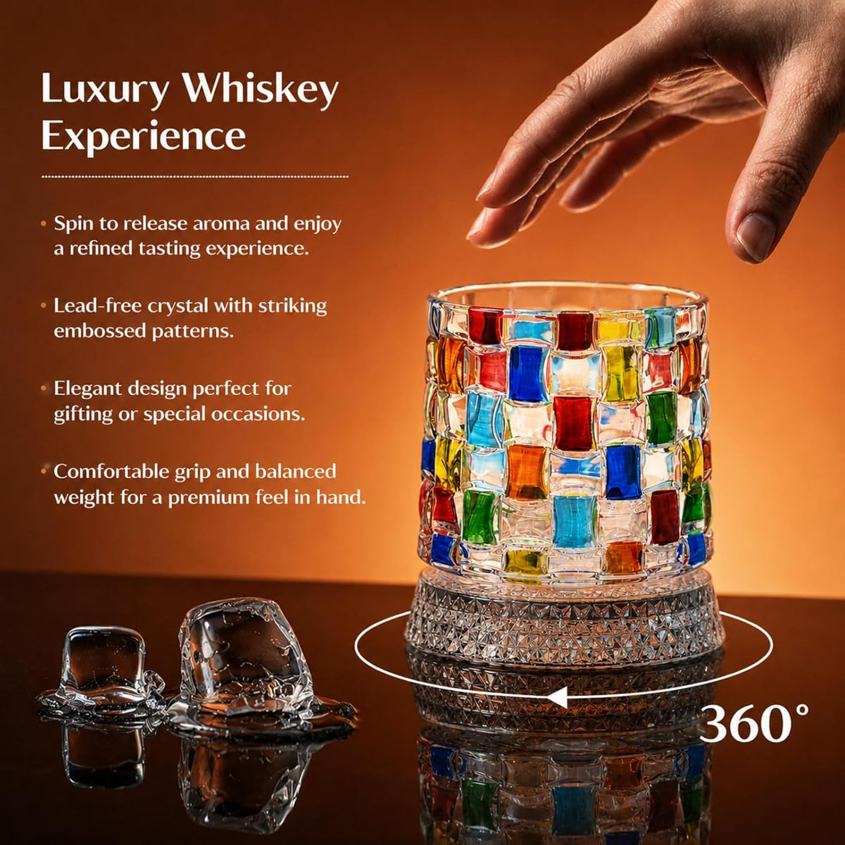 Spinning Whiskey Glasses, Vintage Colored Crystal Whiskey Glass, Hand-Painted Old Fashioned Tumbler for Bourbon, Scotch, Cocktails, Decorative Drinking Glass for Home Bar