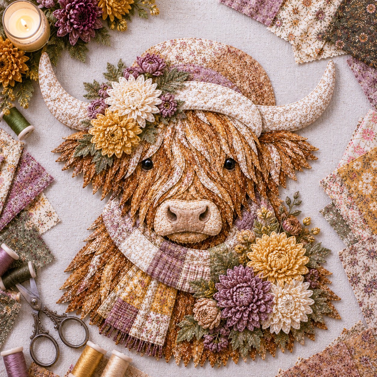 🐮Birth Flower Highland Cow 3D Layered Fabric Art DIY Kit (Beginner-friendly