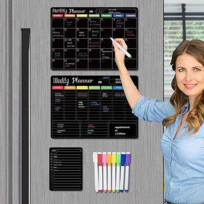 ✨Black Dry Erase Boards Set - 3 Magnetic Boards for Refrigerator, Monthly, Weekly Organizer & Daily Notepad 🧲