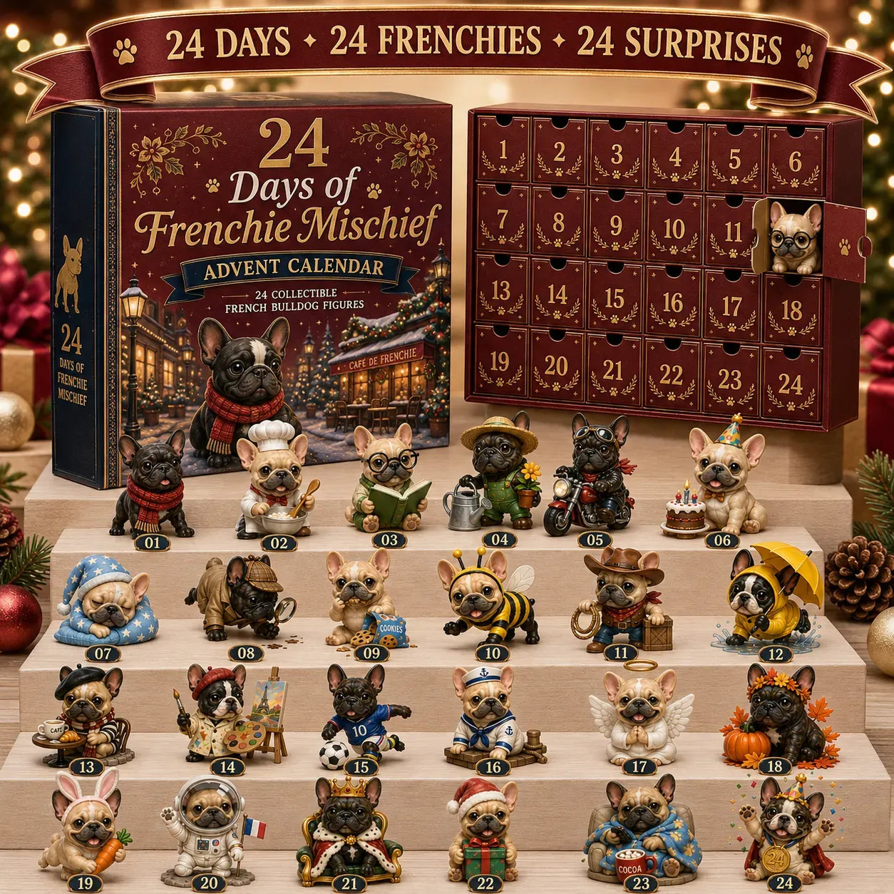 ⏳ Last Day 49% OFF – 🐶 24 Days of Frenchie Mischief Advent Calendar – Collectible French Bulldog Figurines 🎁
