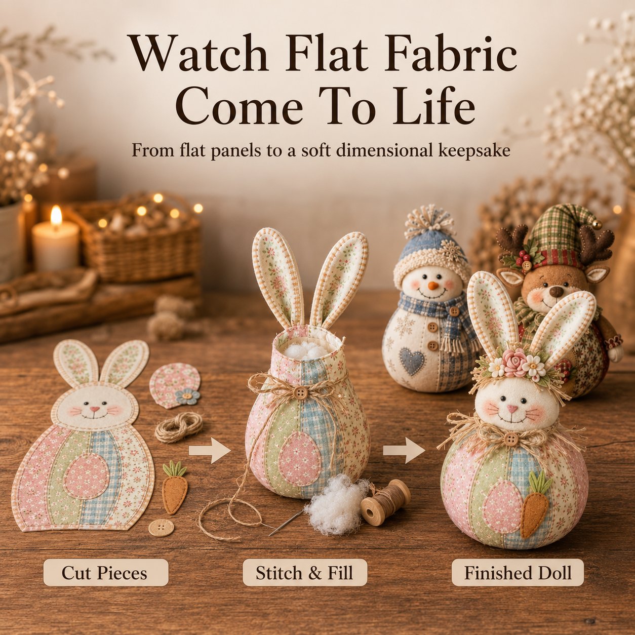 🎄 DIY Patchwork Fabric Doll Kit – Create Your Own Handmade Christmas Character