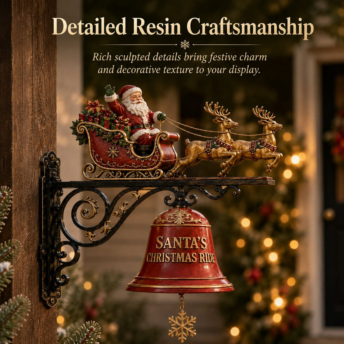 🎅 Santa Sleigh & Reindeer Christmas Bell – Vintage Holiday Door & Porch Decor